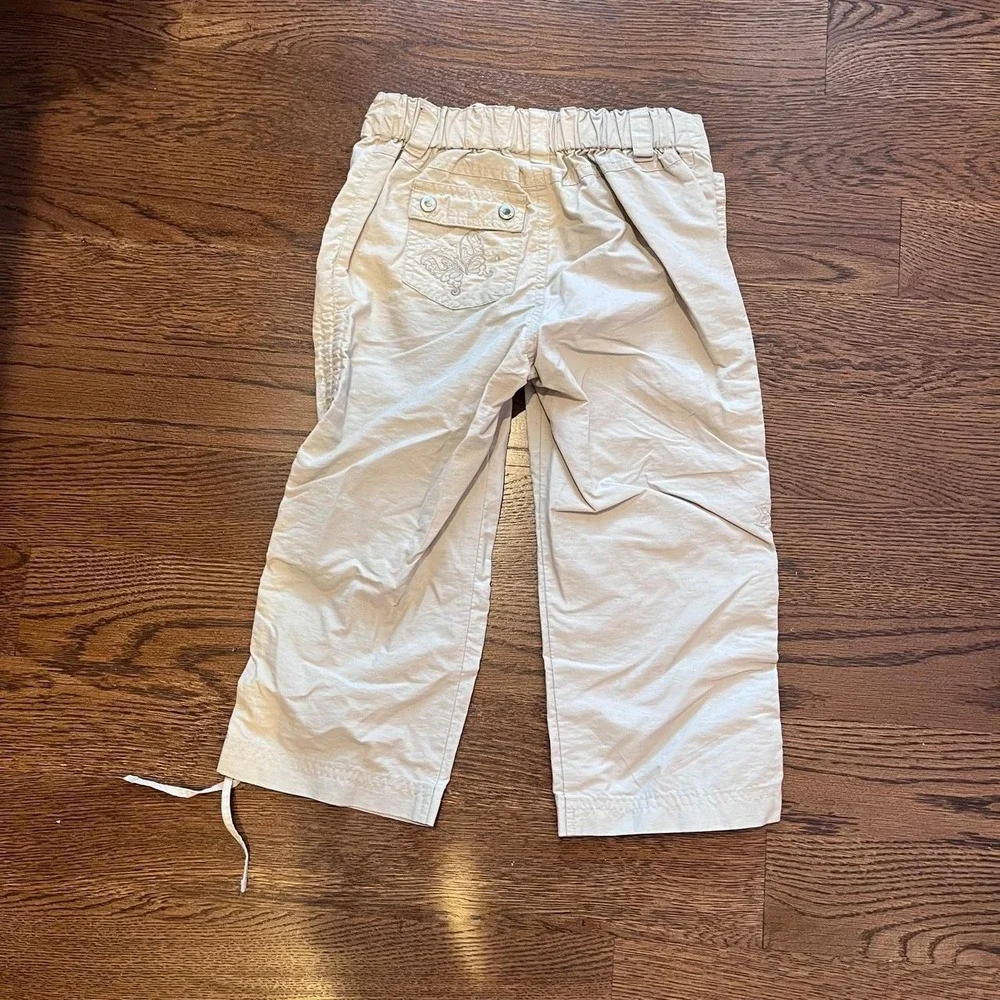 ⭐Y2K Girls Cream Khaki Floral Embroidery Utility Pants Cinched Tie Hem Size 7